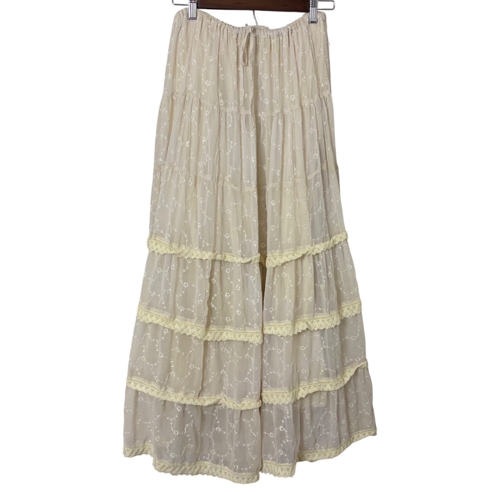 VTG Tiered Maxi Skirt Womens S Cream Embroidered Lace Boho Y2K Feminine Coquette